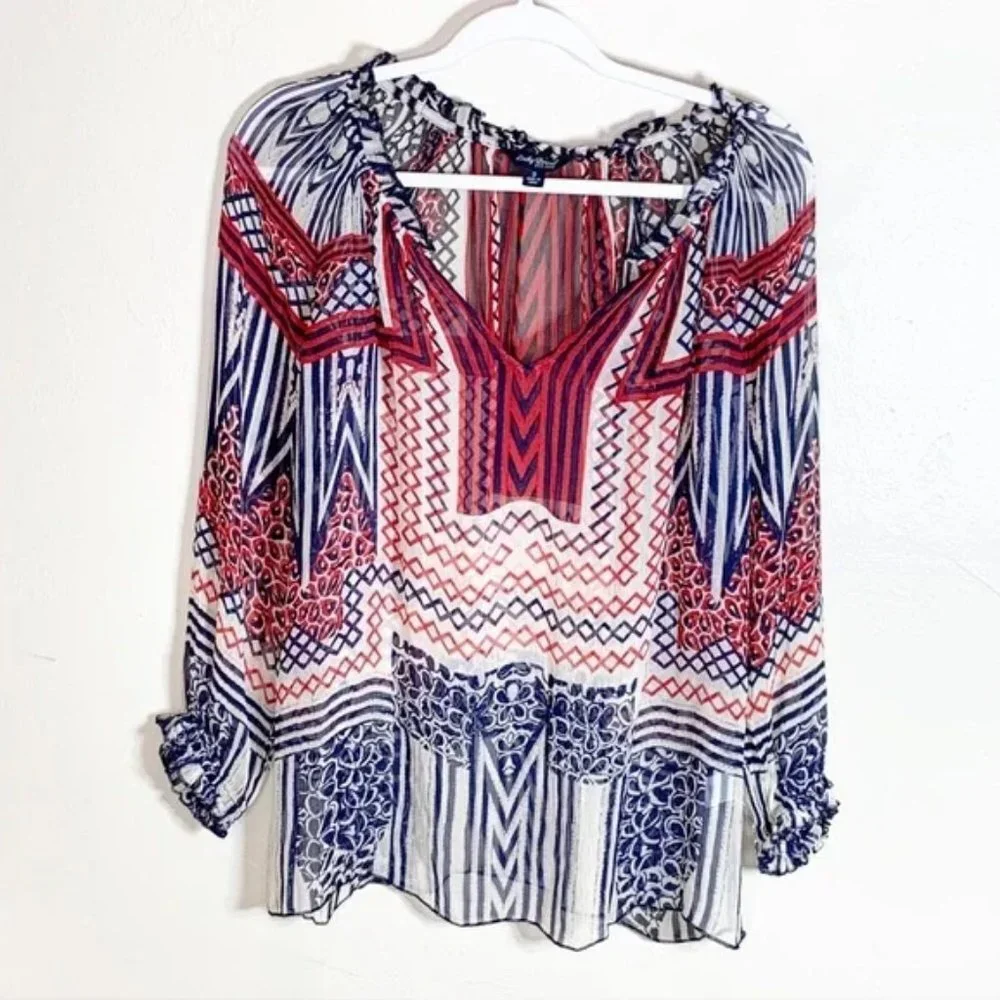 Lucky Brand Red Blue Printed Boho Bohemian Peasant Top Blouse Sheer Tunic Shirt